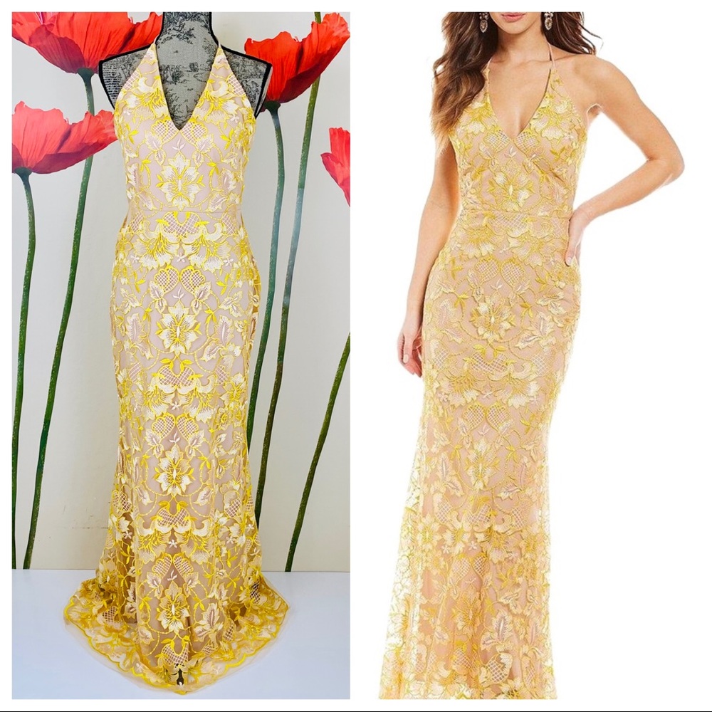 GB Gold / Nude Halter Neck Lace Gown Formal Dress